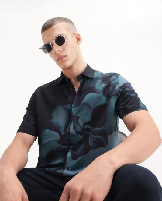 Rare Rabbit Men's Vider 1 Dusky Green Viscose Floral Print Relaxed Fit Half Sleeve Collared Shirt
