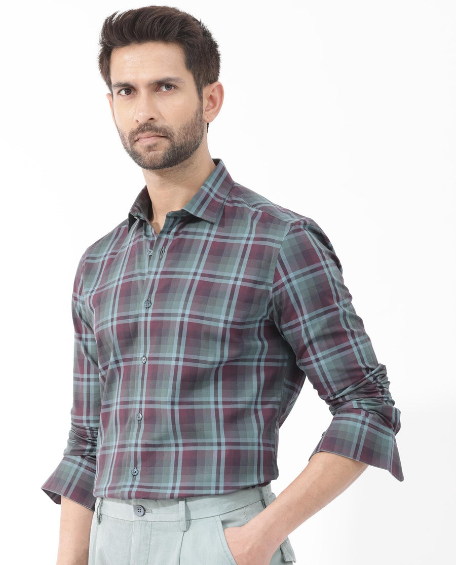 Rare Rabbit Men's Vinet Dark Maroon Cotton Checked Print Regular Fit Full Sleeve Collared Shirt
