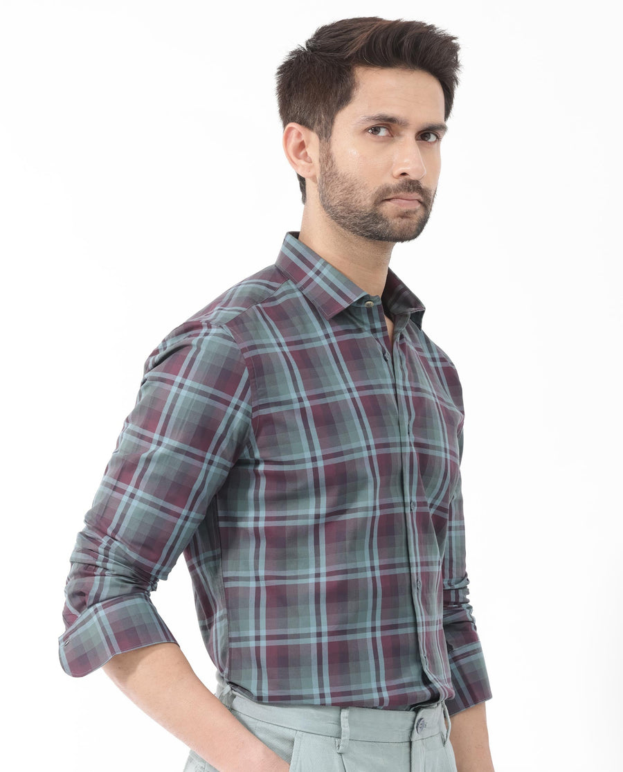 Rare Rabbit Men's Vinet Dark Maroon Cotton Checked Print Regular Fit Full Sleeve Collared Shirt