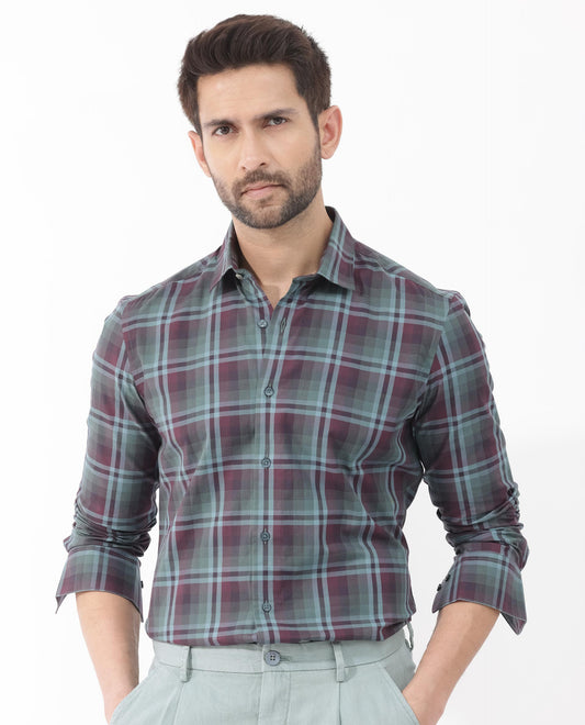 Rare Rabbit Men's Vinet Dark Maroon Cotton Checked Print Regular Fit Full Sleeve Collared Shirt