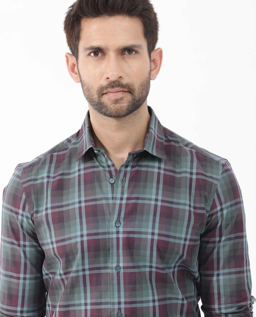 Rare Rabbit Men's Vinet Dark Maroon Cotton Checked Print Regular Fit Full Sleeve Collared Shirt