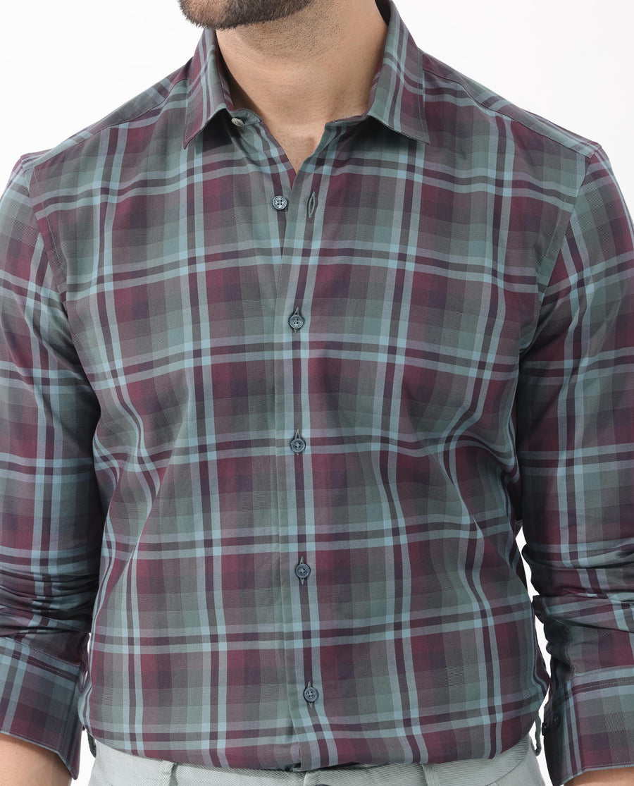 Rare Rabbit Men's Vinet Dark Maroon Cotton Checked Print Regular Fit Full Sleeve Collared Shirt