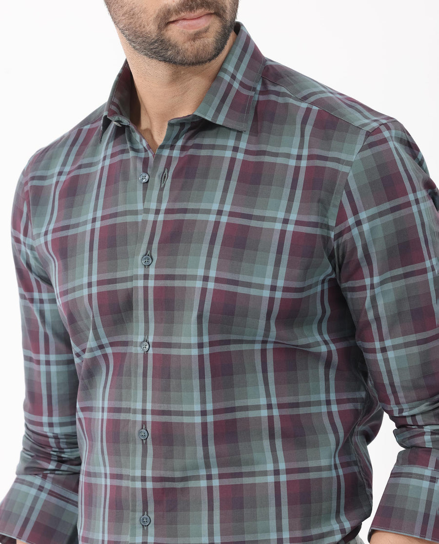 Rare Rabbit Men's Vinet Dark Maroon Cotton Checked Print Regular Fit Full Sleeve Collared Shirt