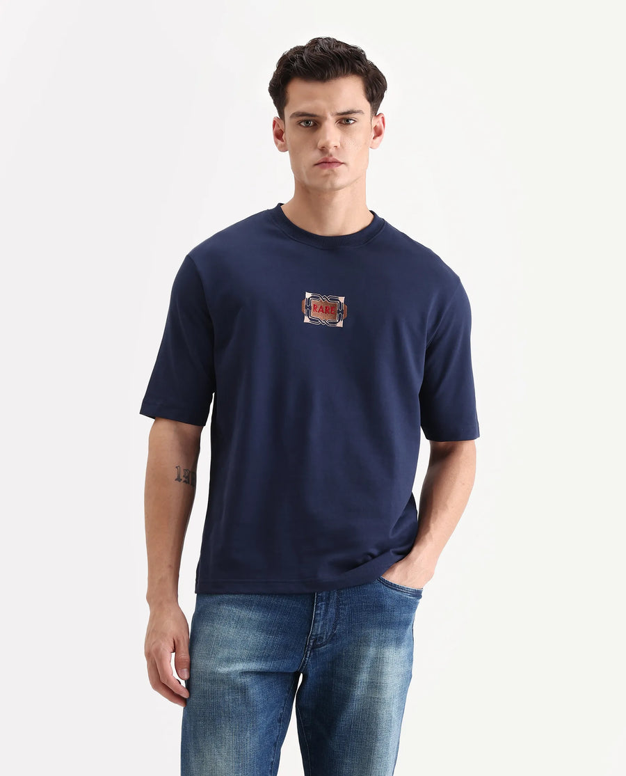 Rare Rabbit Men's Vino Dark Blue Cotton Graphic Print Oversized Fit Half Sleeve Crew Neck T-Shirt