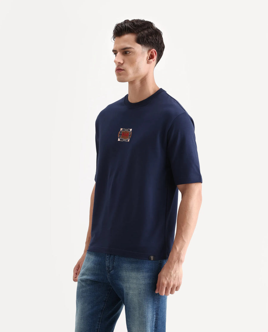 Rare Rabbit Men's Vino Dark Blue Cotton Graphic Print Oversized Fit Half Sleeve Crew Neck T-Shirt