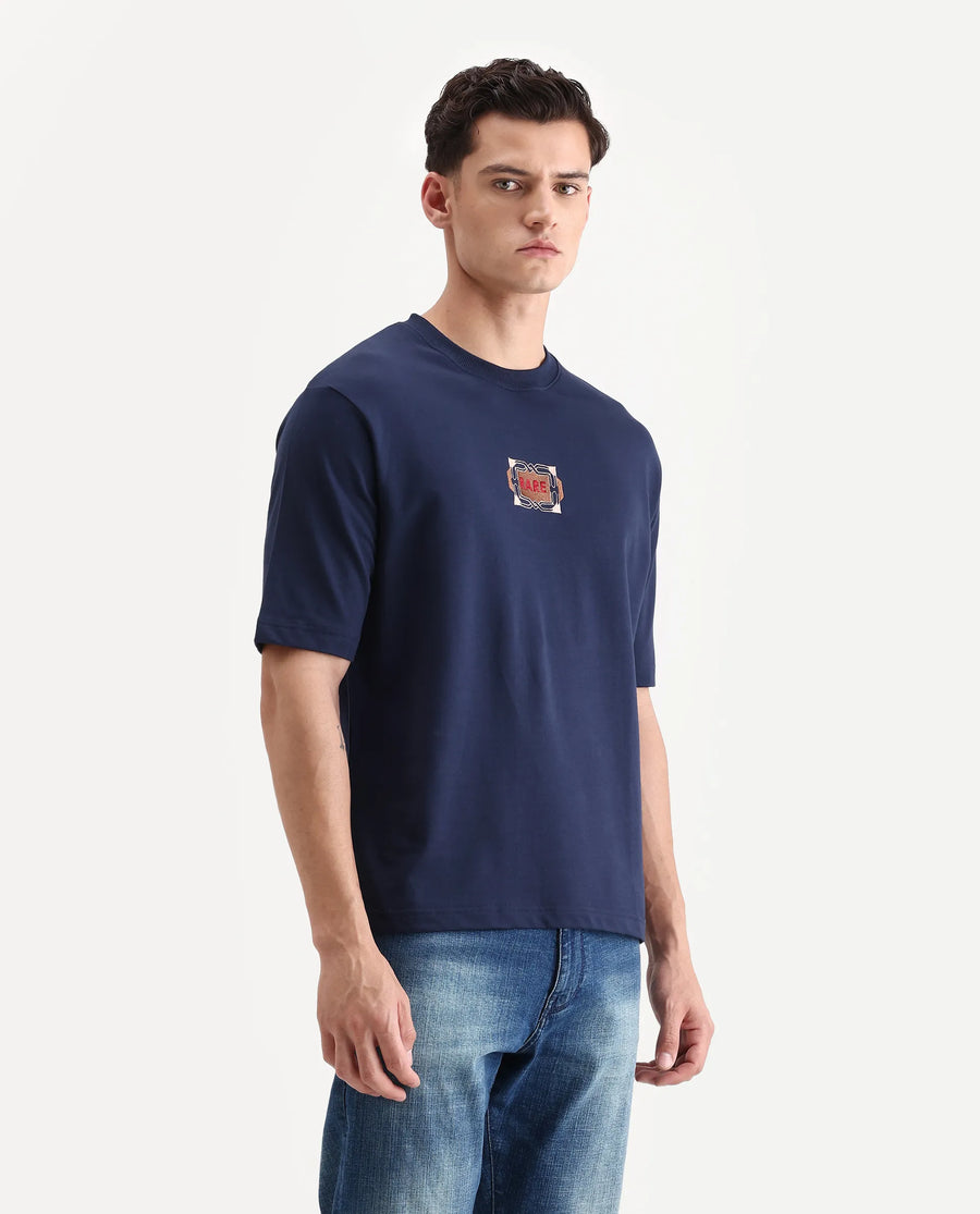 Rare Rabbit Men's Vino Dark Blue Cotton Graphic Print Oversized Fit Half Sleeve Crew Neck T-Shirt