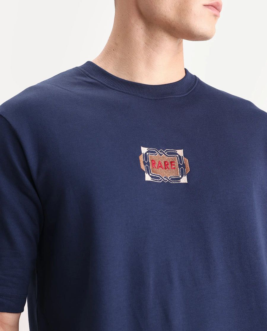 Rare Rabbit Men's Vino Dark Blue Cotton Graphic Print Oversized Fit Half Sleeve Crew Neck T-Shirt