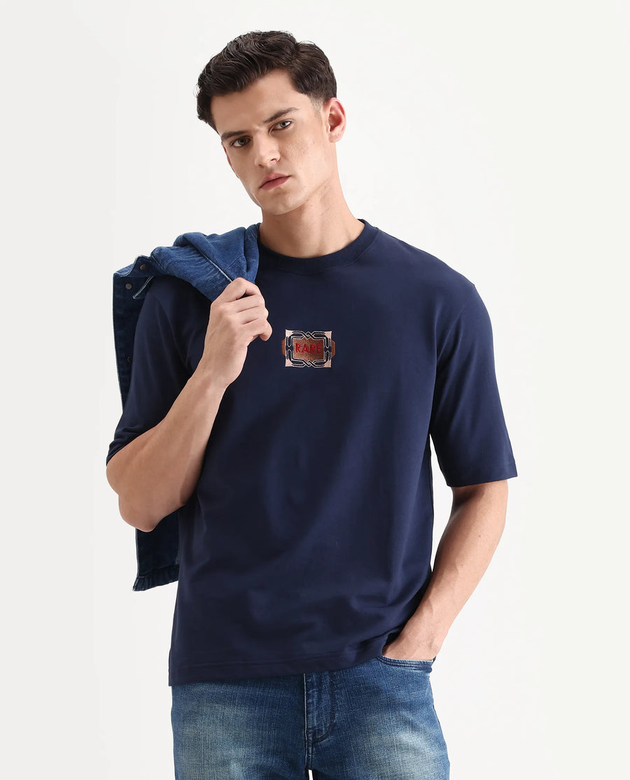 Rare Rabbit Men's Vino Dark Blue Cotton Graphic Print Oversized Fit Half Sleeve Crew Neck T-Shirt