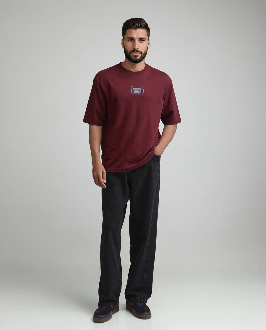 Rare Rabbit Men's Vino Dark Red Cotton Graphic Print Oversized Fit Half Sleeve Crew Neck T-Shirt