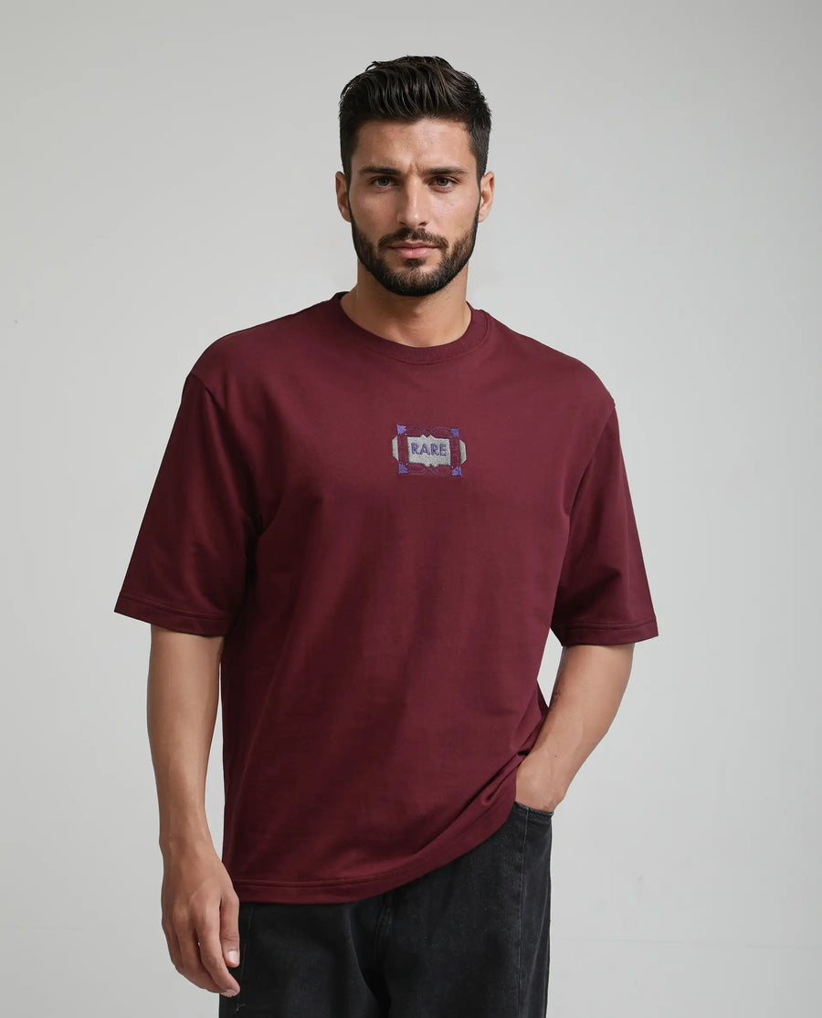 Rare Rabbit Men's Vino Dark Red Cotton Graphic Print Oversized Fit Half Sleeve Crew Neck T-Shirt
