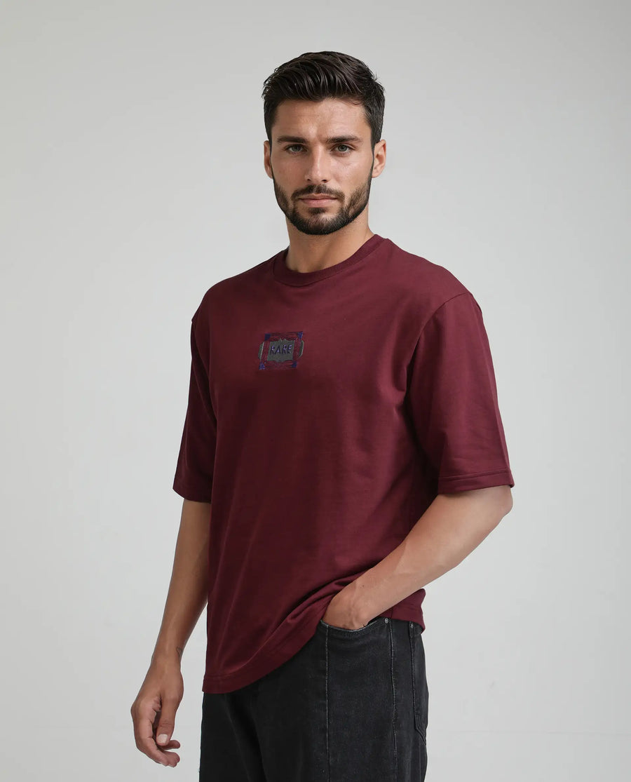 Rare Rabbit Men's Vino Dark Red Cotton Graphic Print Oversized Fit Half Sleeve Crew Neck T-Shirt