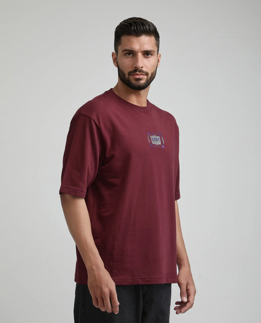 Rare Rabbit Men's Vino Dark Red Cotton Graphic Print Oversized Fit Half Sleeve Crew Neck T-Shirt