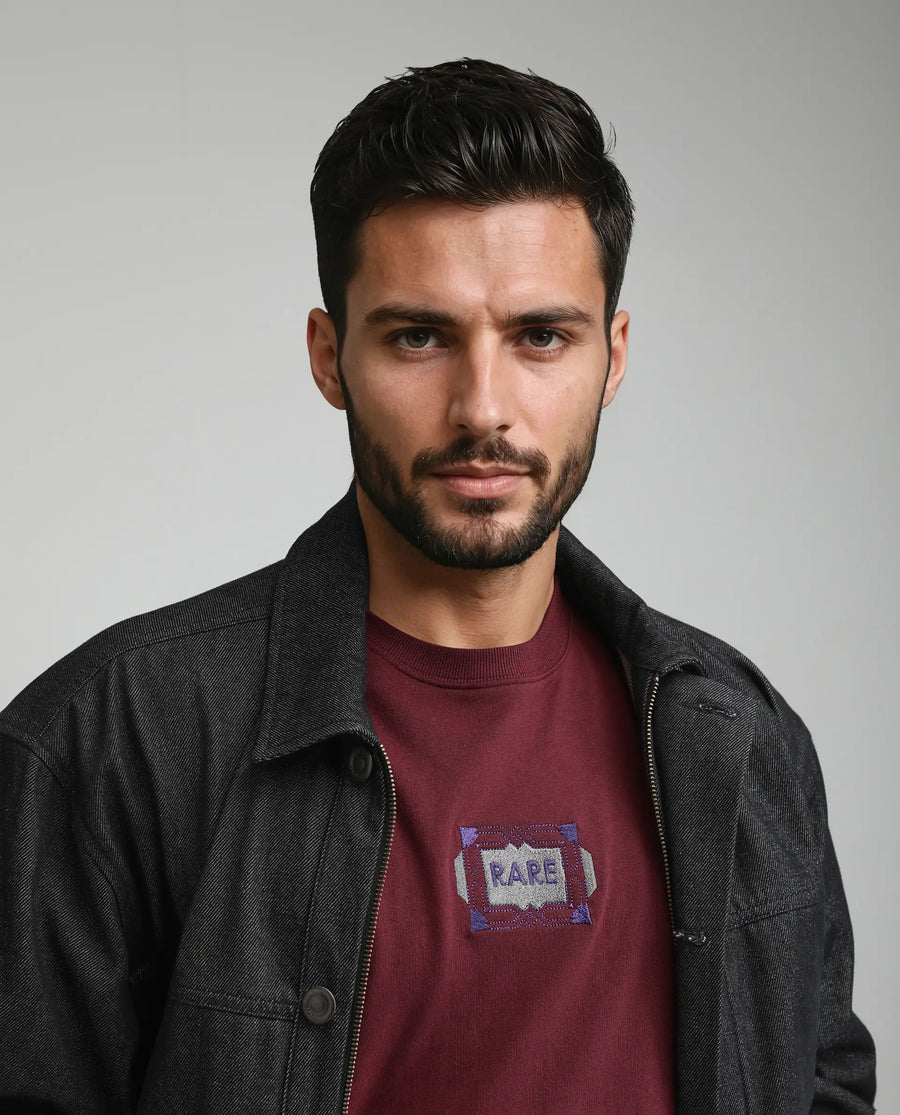 Rare Rabbit Men's Vino Dark Red Cotton Graphic Print Oversized Fit Half Sleeve Crew Neck T-Shirt