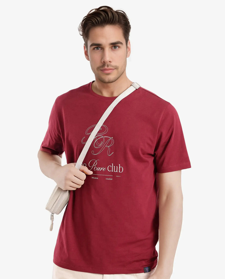 Rare Rabbit Men's Cotton Blend printed Regular Fit Half Sleeve Crew Neck T-Shirt