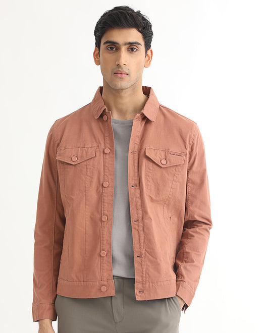 Rare Rabbit Men's Vintago Dusky Red Cotton Plain Regular Fit Full Sleeve Spread Collar Jacket