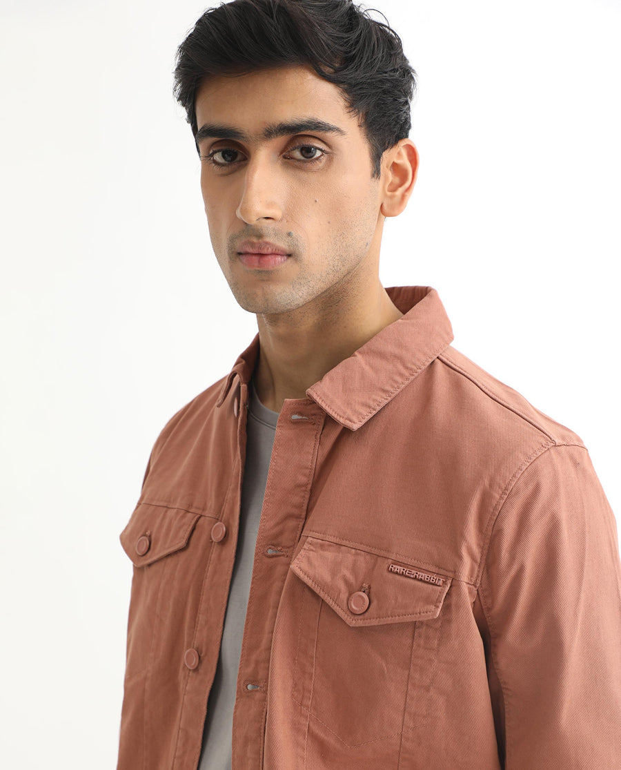 Rare Rabbit Men's Vintago Dusky Red Cotton Plain Regular Fit Full Sleeve Spread Collar Jacket