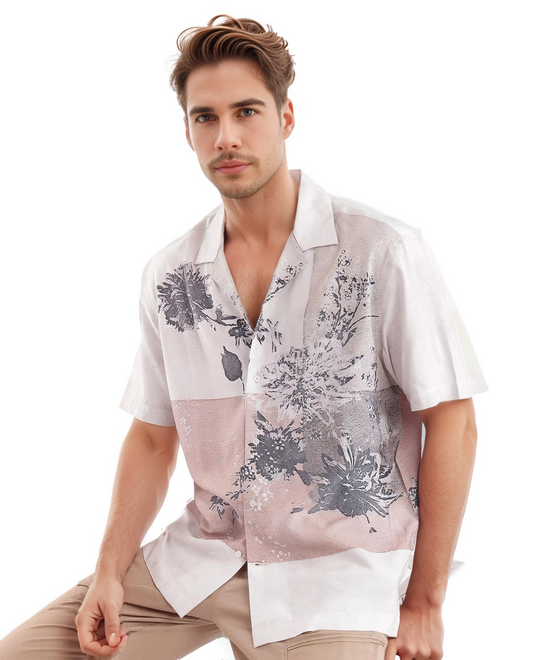 Rare Rabbit Men's Vint Beige Cotton Printed Boxy Fit Full Sleeve Cuban Collar Shirt