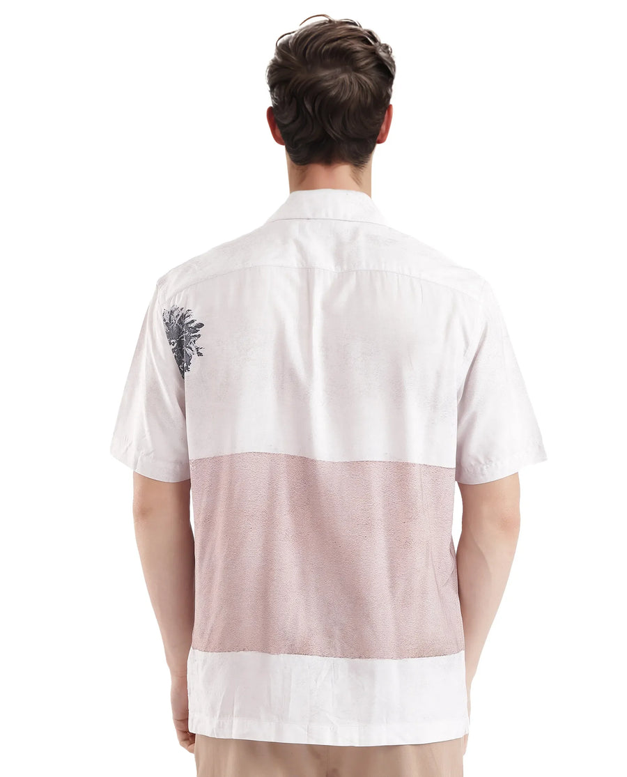 Rare Rabbit Men's Vint Beige Cotton Printed Boxy Fit Full Sleeve Cuban Collar Shirt