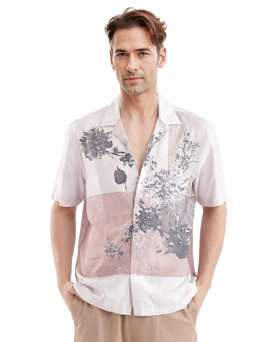 Rare Rabbit Men's Vint Beige Cotton Printed Boxy Fit Full Sleeve Cuban Collar Shirt