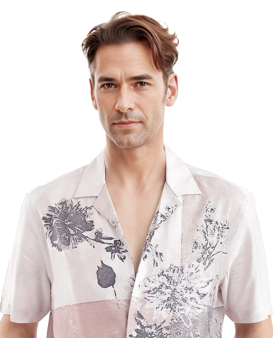 Rare Rabbit Men's Vint Beige Cotton Printed Boxy Fit Full Sleeve Cuban Collar Shirt