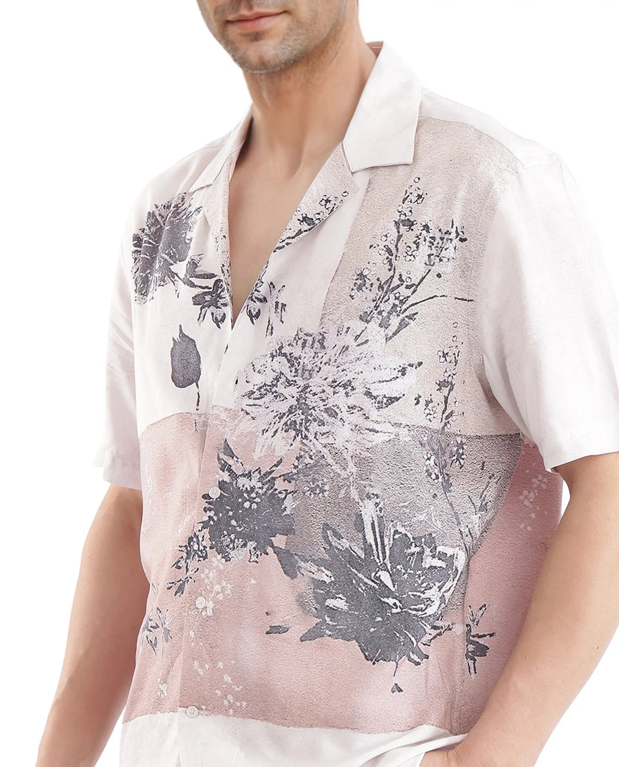 Rare Rabbit Men's Vint Beige Cotton Printed Boxy Fit Full Sleeve Cuban Collar Shirt