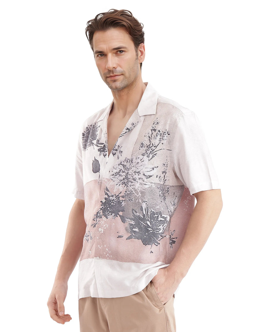 Rare Rabbit Men's Vint Beige Cotton Printed Boxy Fit Full Sleeve Cuban Collar Shirt