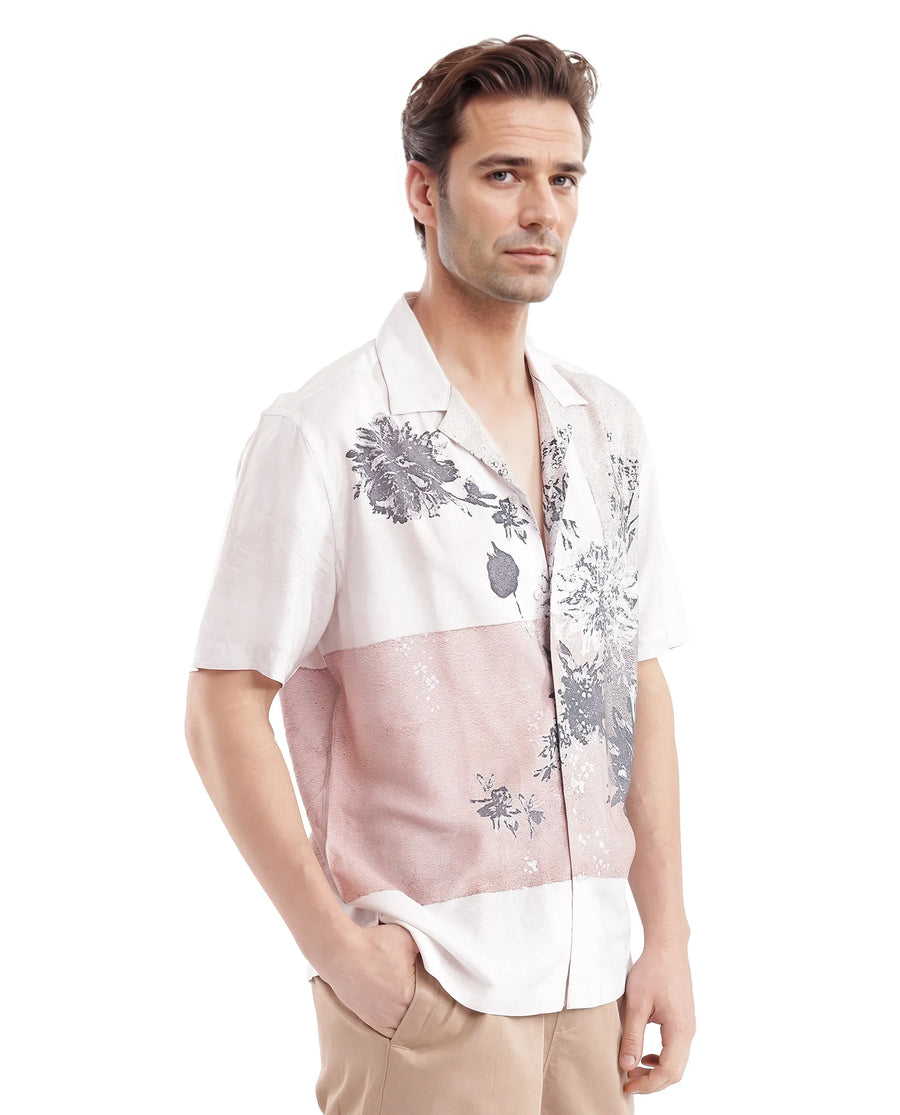 Rare Rabbit Men's Vint Beige Cotton Printed Boxy Fit Full Sleeve Cuban Collar Shirt