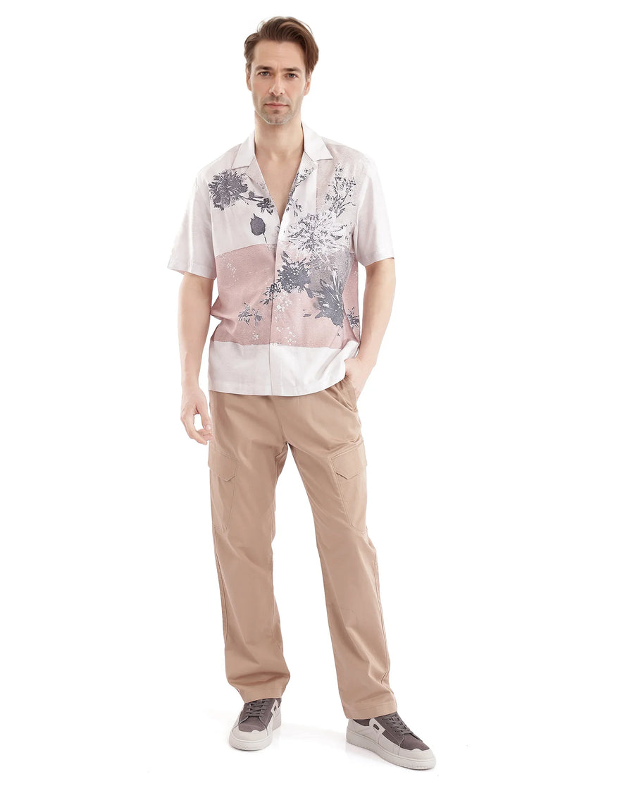 Rare Rabbit Men's Vint Beige Cotton Printed Boxy Fit Full Sleeve Cuban Collar Shirt