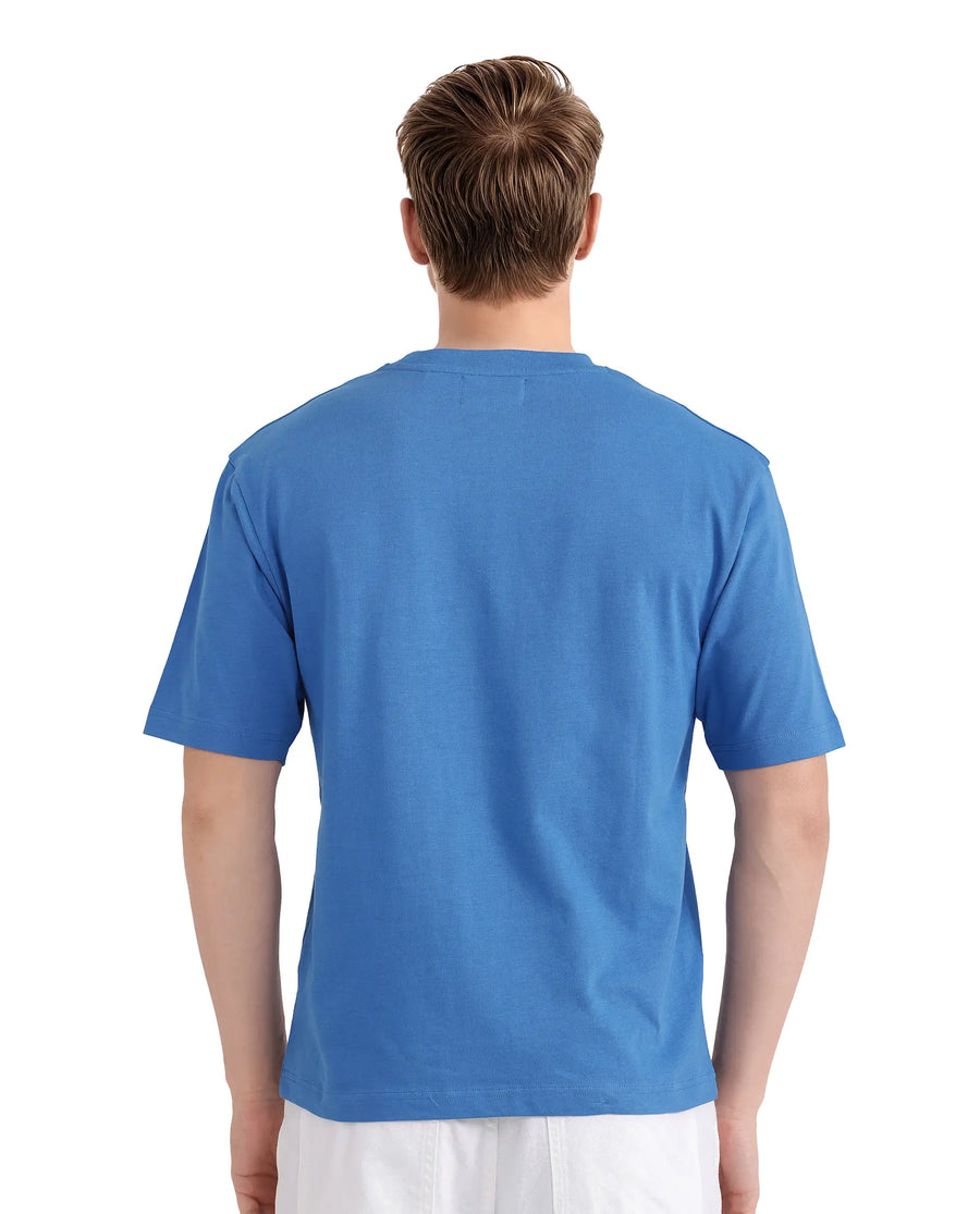 Rare Rabbit Men's Vint Dusky Blue Cotton Graphic Print Qlo Fit Half Sleeve Crew Neck T-Shirt