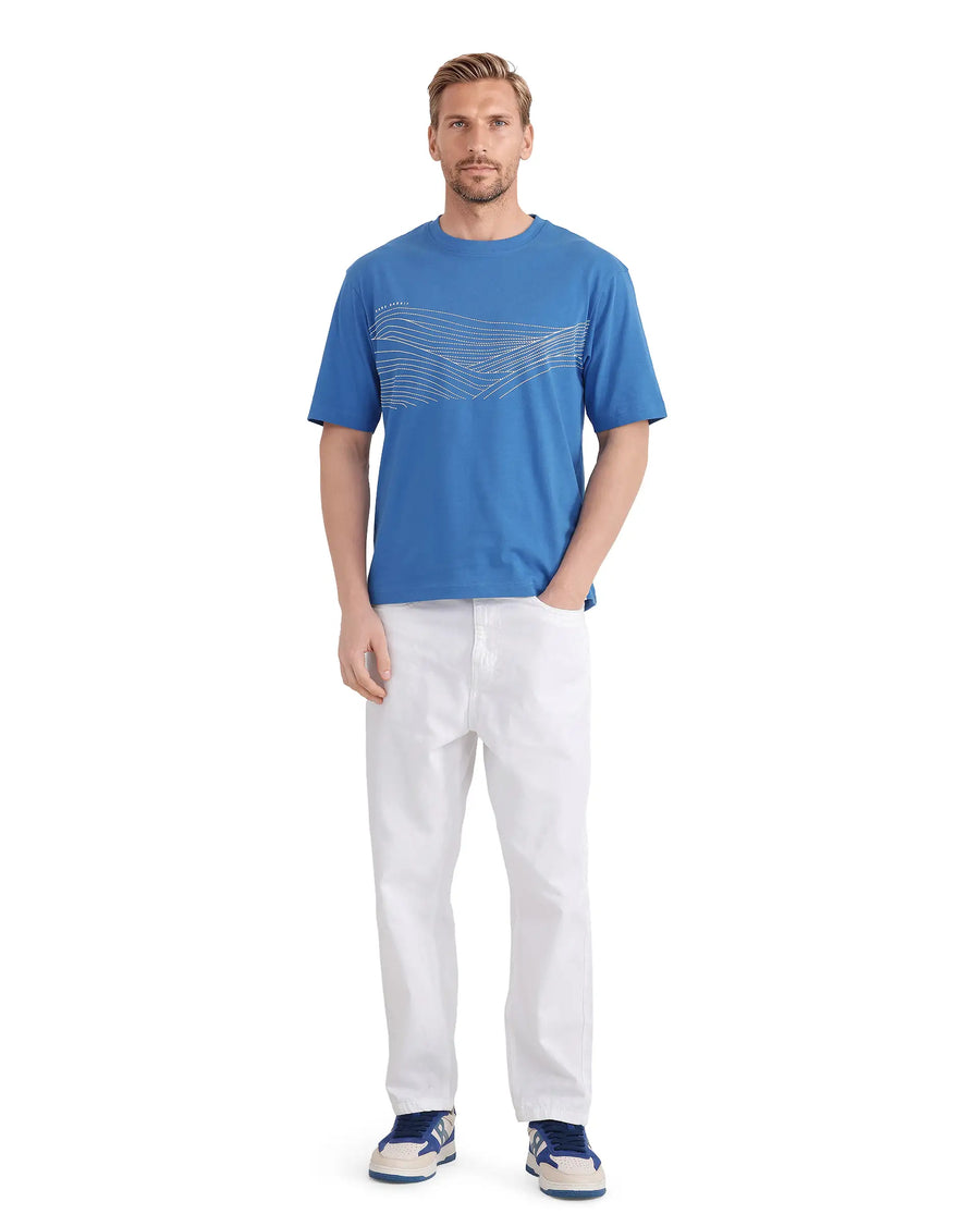 Rare Rabbit Men's Vint Dusky Blue Cotton Graphic Print Qlo Fit Half Sleeve Crew Neck T-Shirt