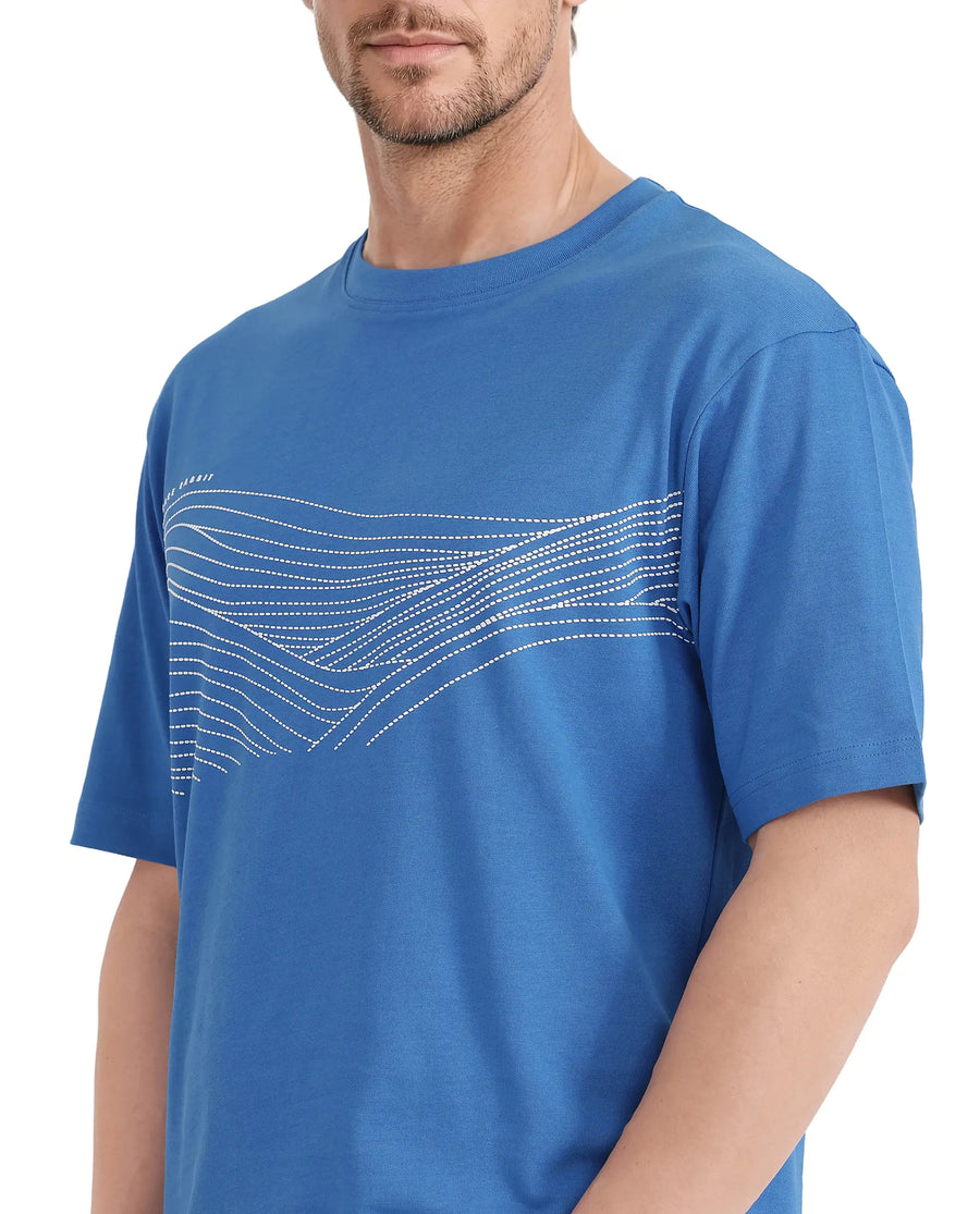 Rare Rabbit Men's Vint Dusky Blue Cotton Graphic Print Qlo Fit Half Sleeve Crew Neck T-Shirt