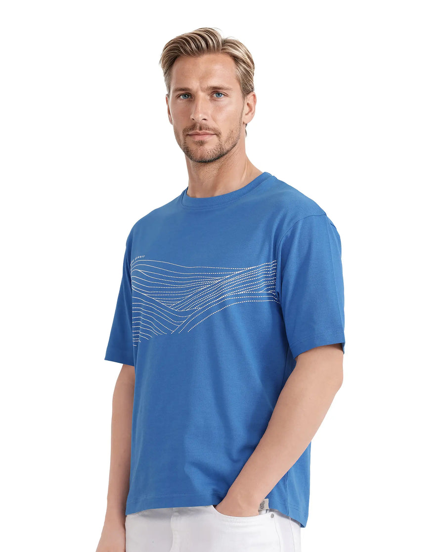 Rare Rabbit Men's Vint Dusky Blue Cotton Graphic Print Qlo Fit Half Sleeve Crew Neck T-Shirt