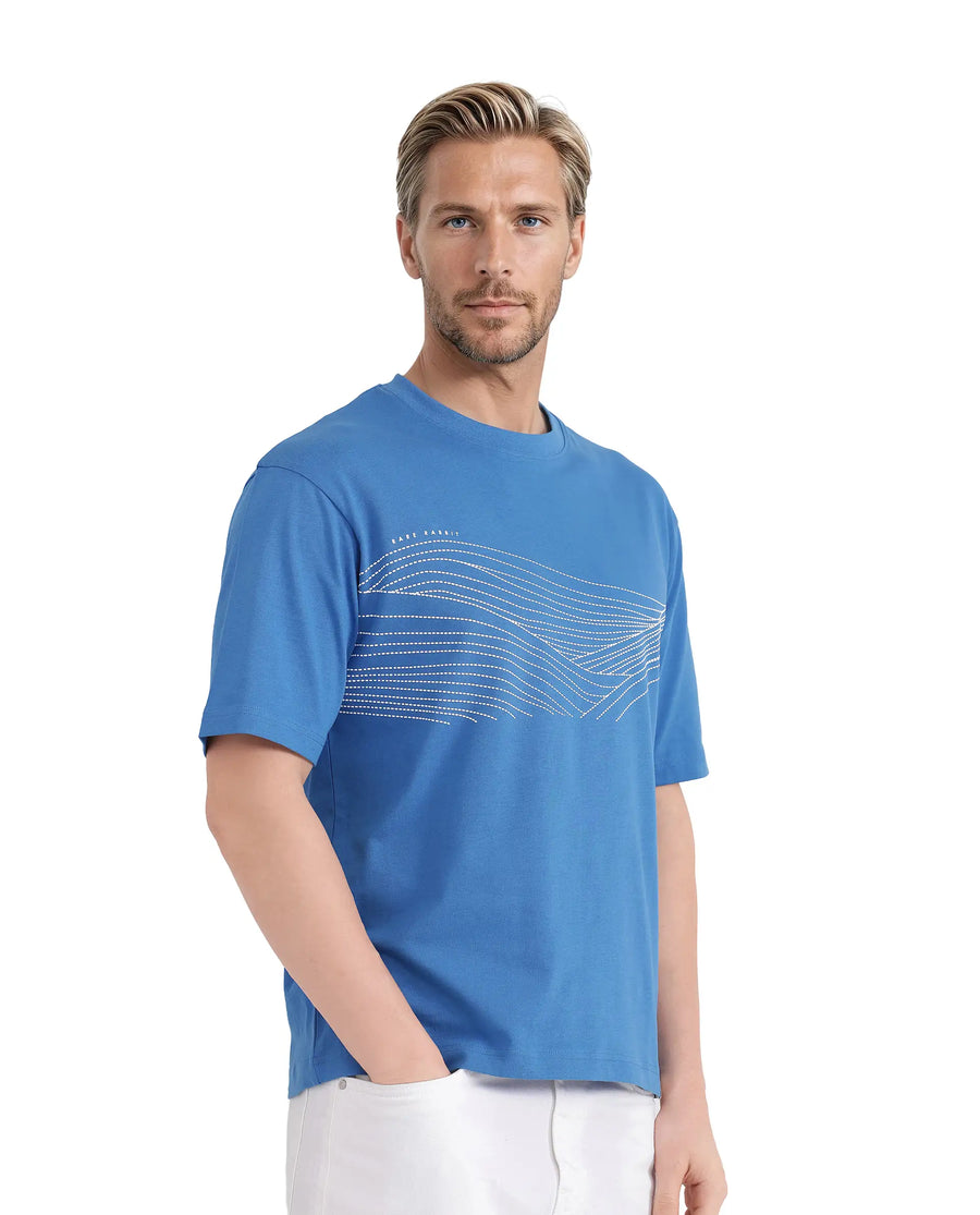 Rare Rabbit Men's Vint Dusky Blue Cotton Graphic Print Qlo Fit Half Sleeve Crew Neck T-Shirt