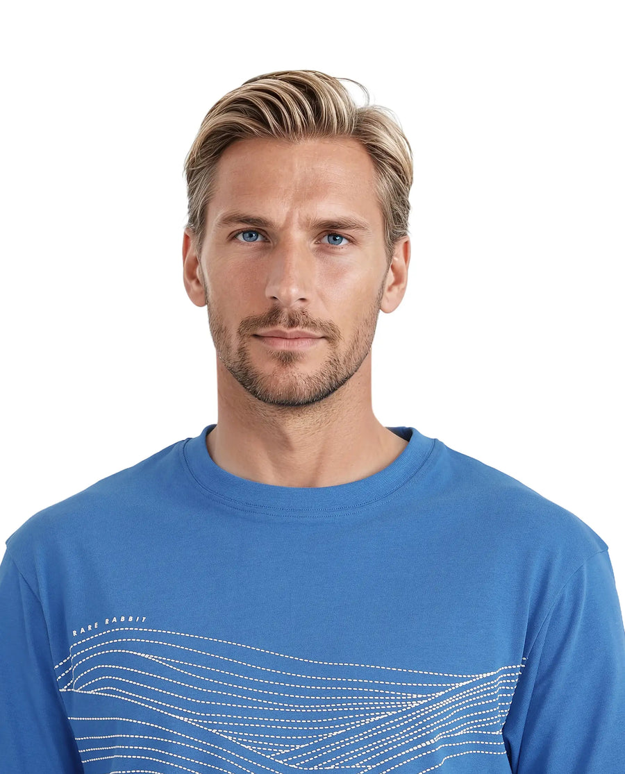 Rare Rabbit Men's Vint Dusky Blue Cotton Graphic Print Qlo Fit Half Sleeve Crew Neck T-Shirt