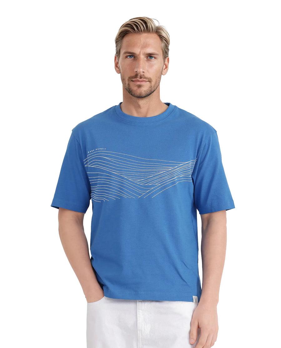 Rare Rabbit Men's Vint Dusky Blue Cotton Graphic Print Qlo Fit Half Sleeve Crew Neck T-Shirt