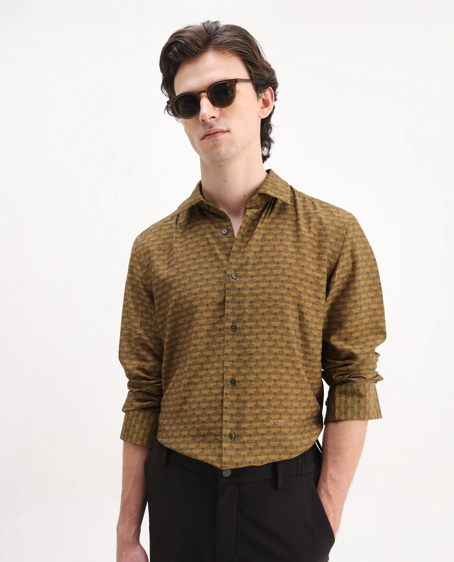 Rare Rabbit Men's Vira Dusky Yellow Viscose Blend Digital Print Regular Fit Full Sleeve Collared Shirt