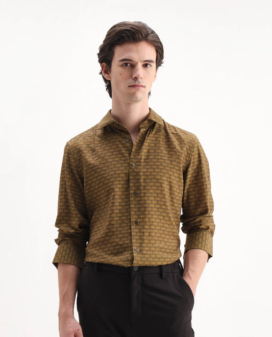 Rare Rabbit Men's Vira Dusky Yellow Viscose Blend Digital Print Regular Fit Full Sleeve Collared Shirt