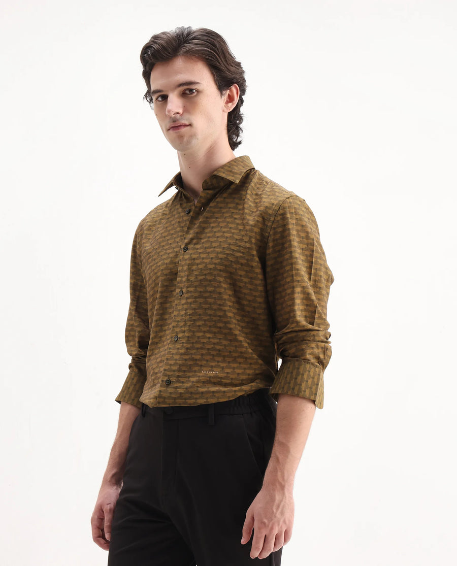 Rare Rabbit Men's Vira Dusky Yellow Viscose Blend Digital Print Regular Fit Full Sleeve Collared Shirt