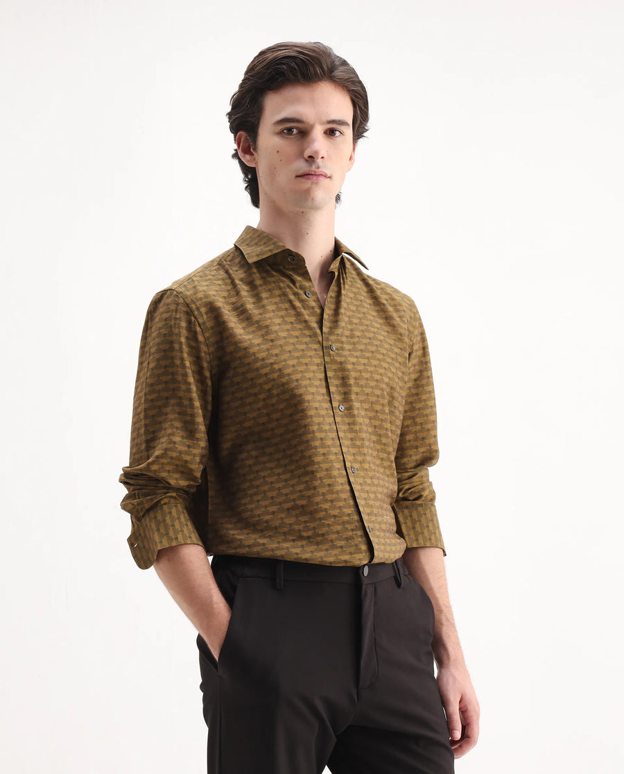 Rare Rabbit Men's Vira Dusky Yellow Viscose Blend Digital Print Regular Fit Full Sleeve Collared Shirt