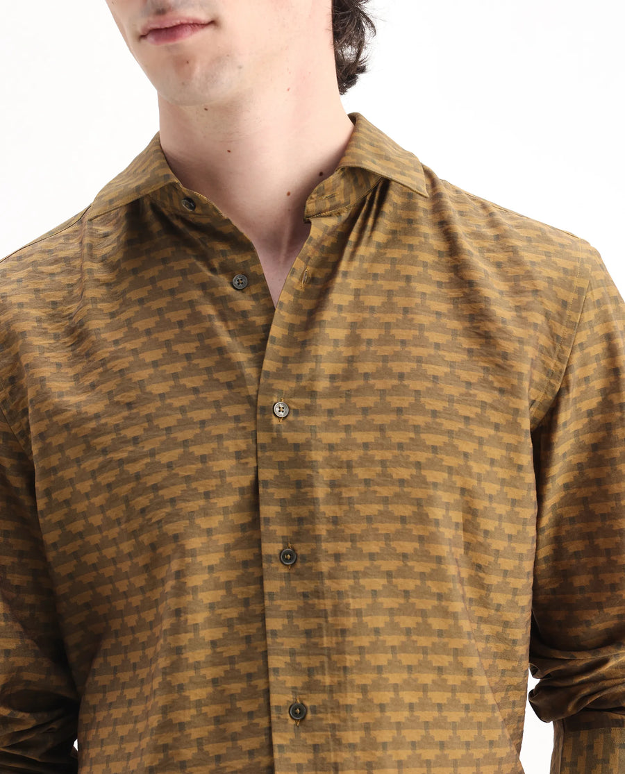 Rare Rabbit Men's Vira Dusky Yellow Viscose Blend Digital Print Regular Fit Full Sleeve Collared Shirt