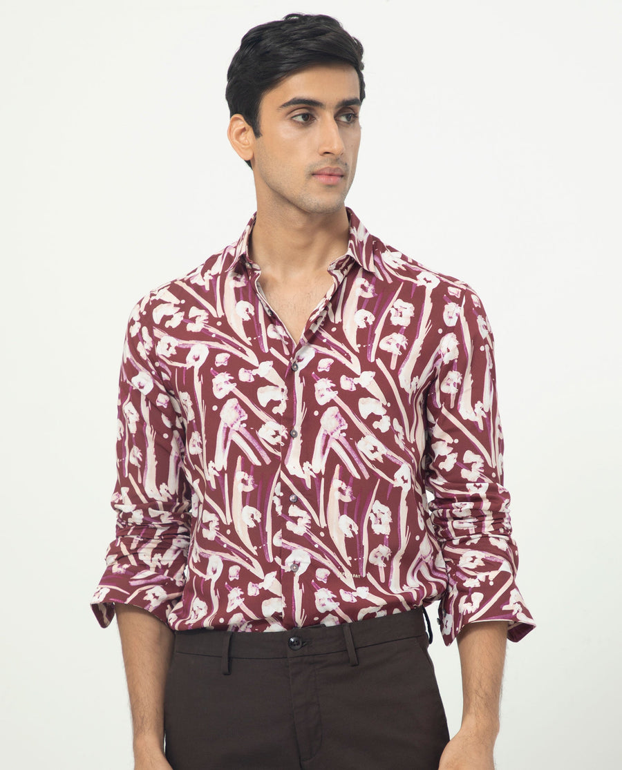 Rare Rabbit Men's Visker Brown Viscose Abstract Print Regular Fit Full Sleeve Collared Shirt