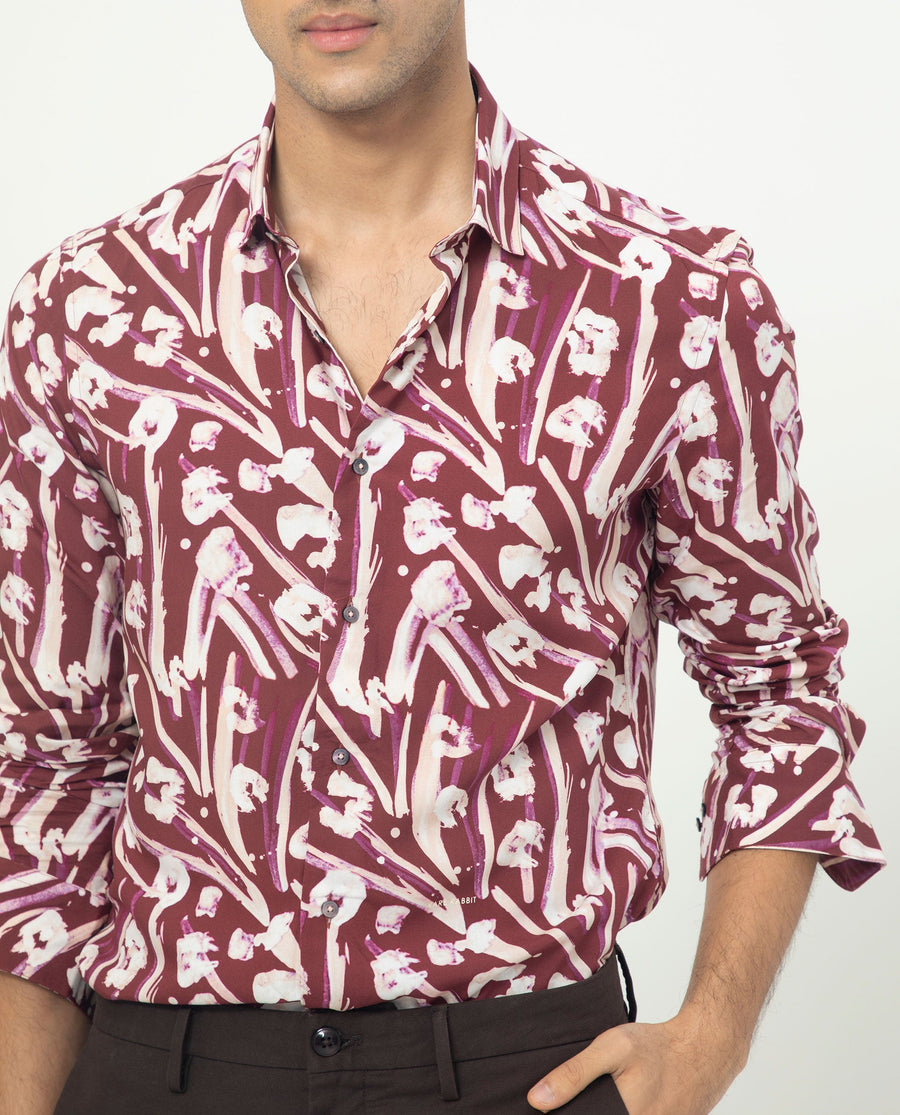 Rare Rabbit Men's Visker Brown Viscose Abstract Print Regular Fit Full Sleeve Collared Shirt