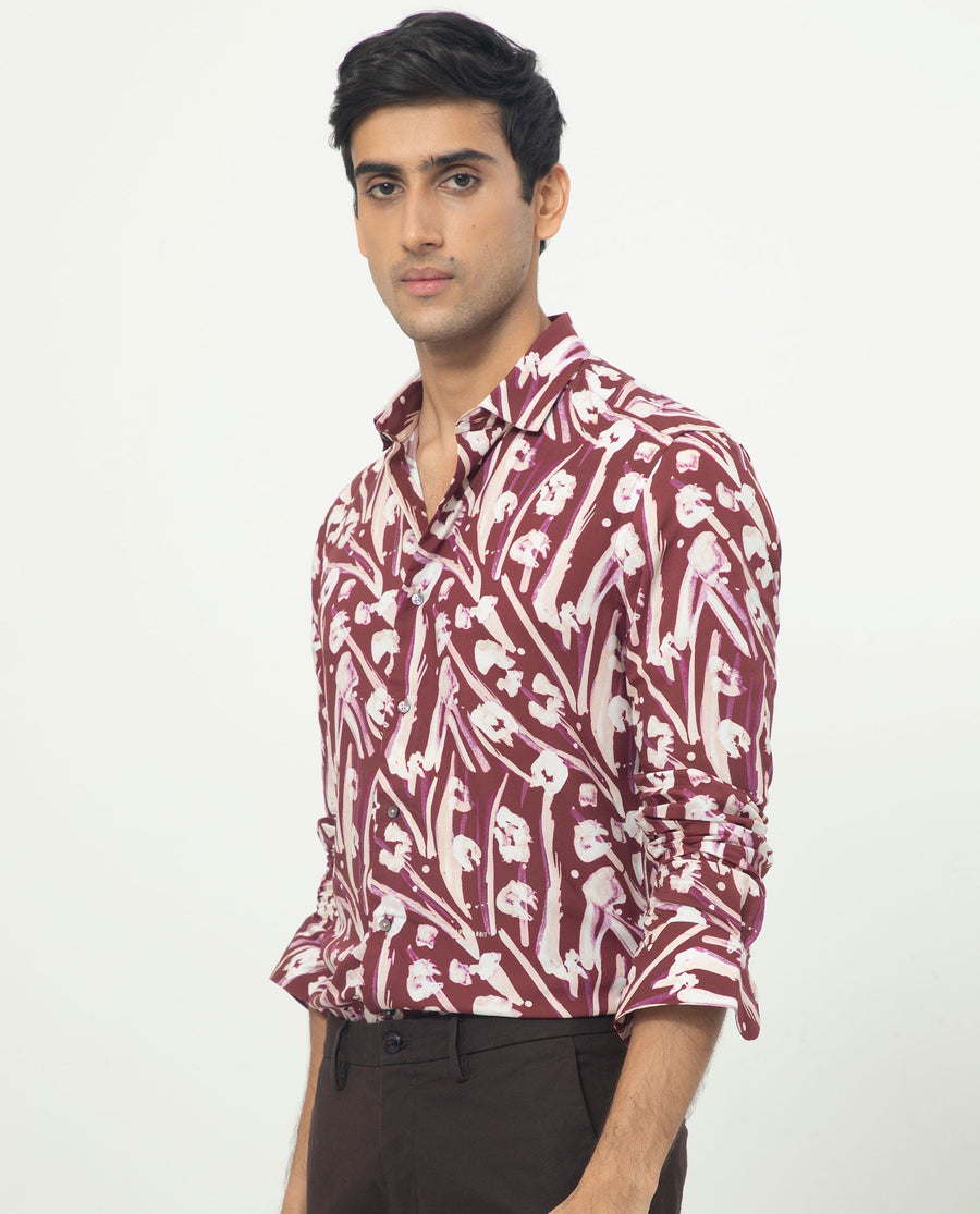 Rare Rabbit Men's Visker Brown Viscose Abstract Print Regular Fit Full Sleeve Collared Shirt