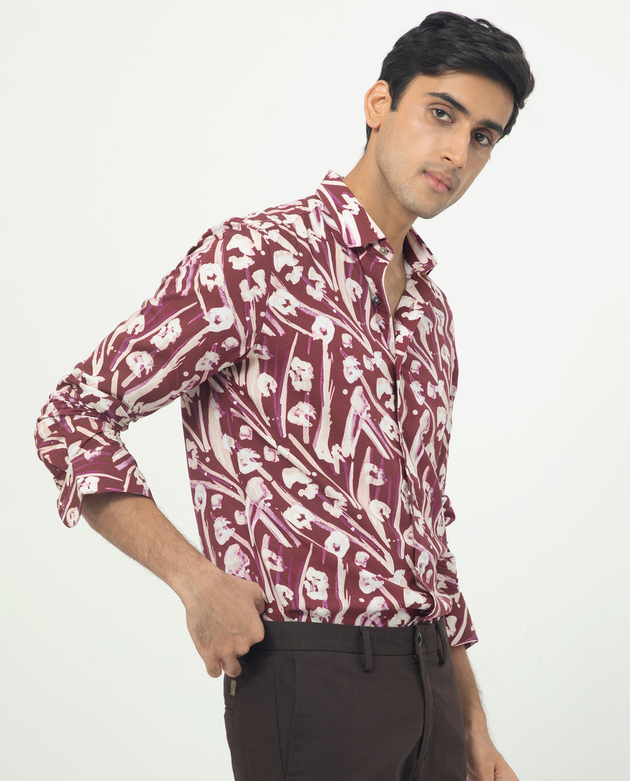 Rare Rabbit Men's Visker Brown Viscose Abstract Print Regular Fit Full Sleeve Collared Shirt