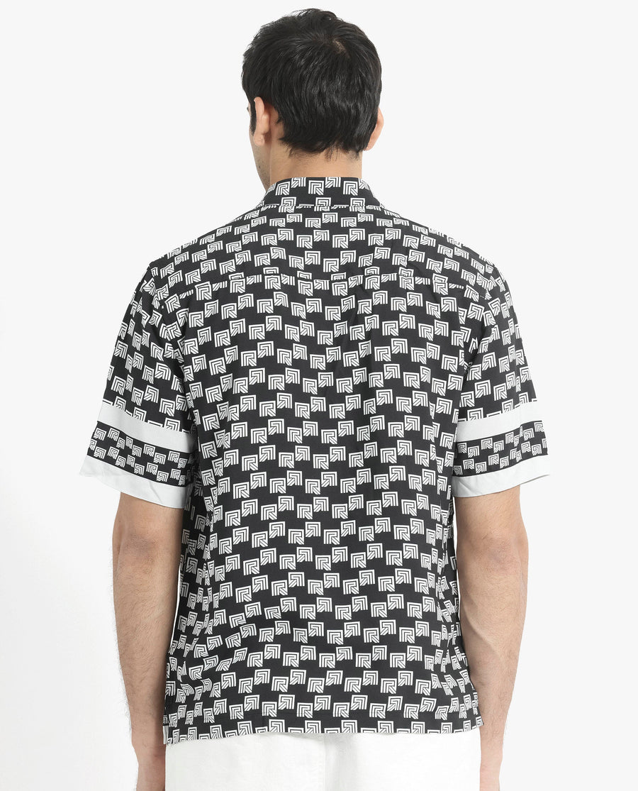 Rare Rabbit Men's Vito Black Viscose Monogram Print Boxy Fit Half Sleeve Collared Shirt
