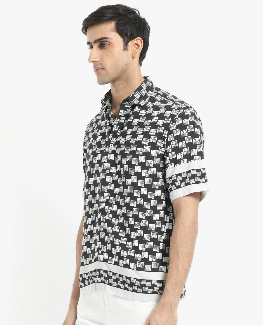 Rare Rabbit Men's Vito Black Viscose Monogram Print Boxy Fit Half Sleeve Collared Shirt
