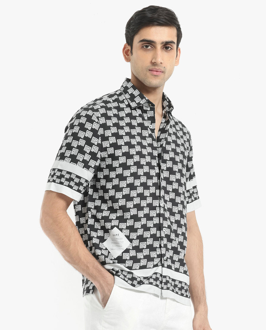 Rare Rabbit Men's Vito Black Viscose Monogram Print Boxy Fit Half Sleeve Collared Shirt