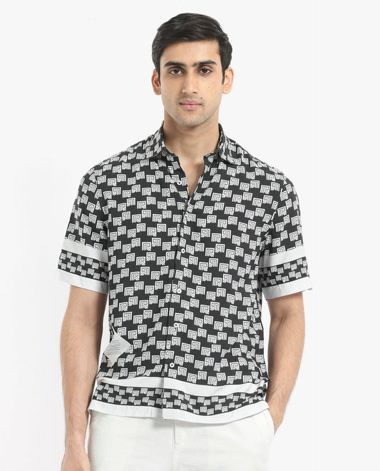 Rare Rabbit Men's Vito Black Viscose Monogram Print Boxy Fit Half Sleeve Collared Shirt