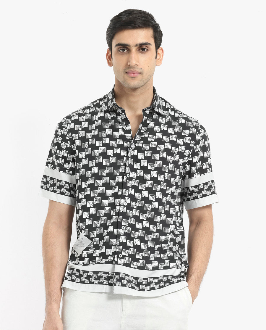 Rare Rabbit Men's Vito Black Viscose Monogram Print Boxy Fit Half Sleeve Collared Shirt