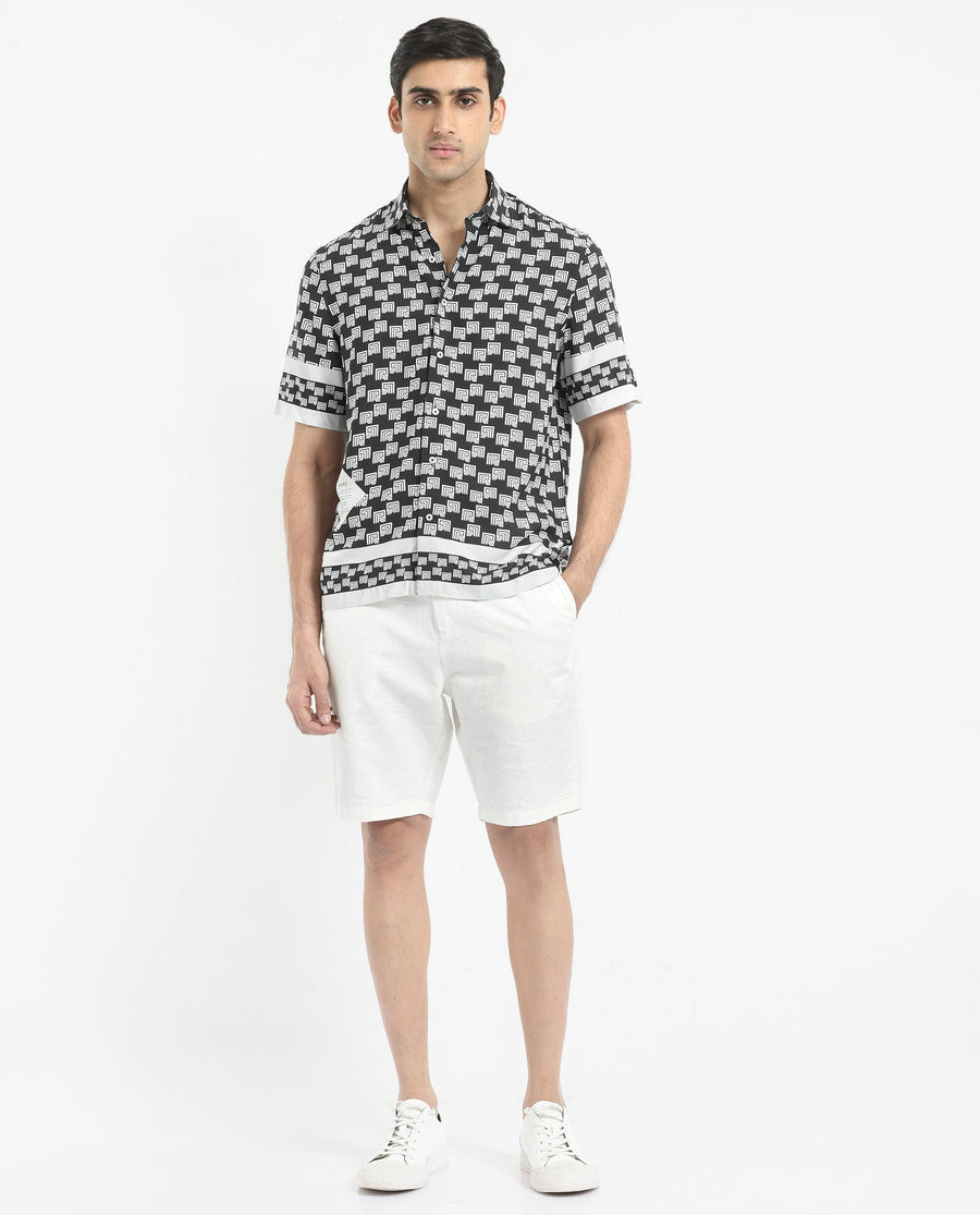 Rare Rabbit Men's Vito Black Viscose Monogram Print Boxy Fit Half Sleeve Collared Shirt
